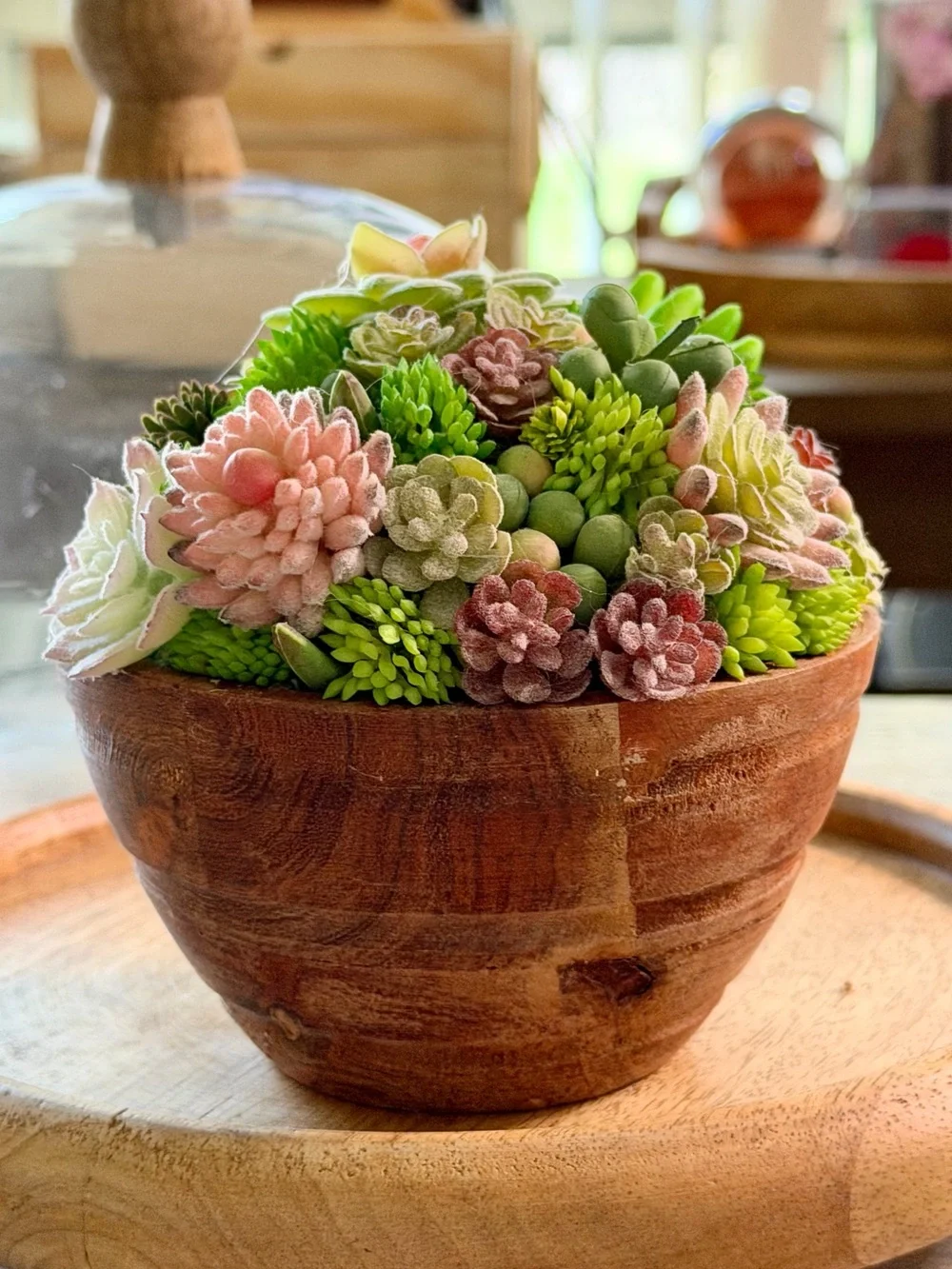 Handcrafted Faux Succulent Arrangement in Wooden Bowl (Glass Dome)